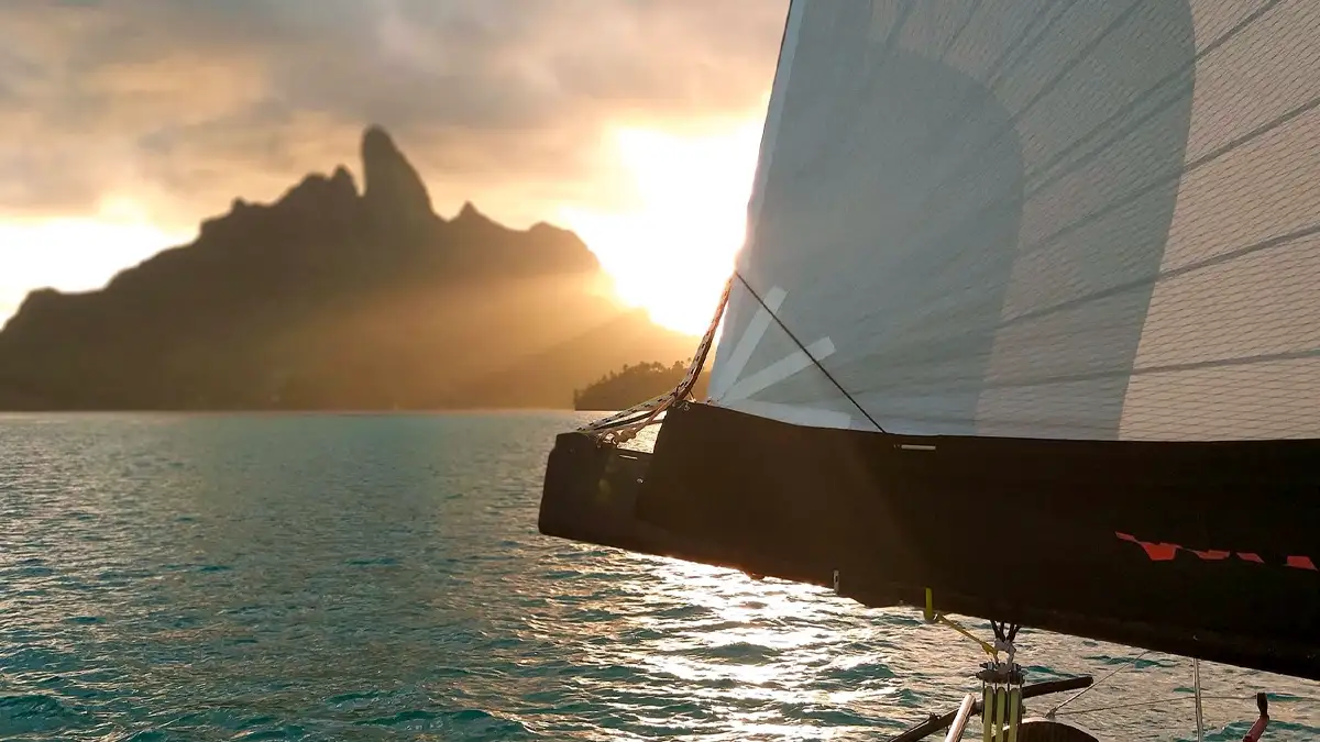 Catamaran sail with Mount Otemanu during sunset in Bora Bora